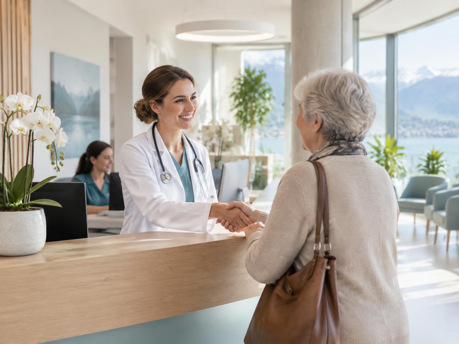 Ärztin begrüsst eine Patientin am Empfang einer hellen, modernen Schweizer Praxis